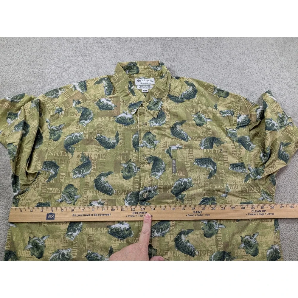 Columbia Mens XL Bass Fishing Graphic Print Short Sleeve Button Down Shirt Green - Picture 5 of 10